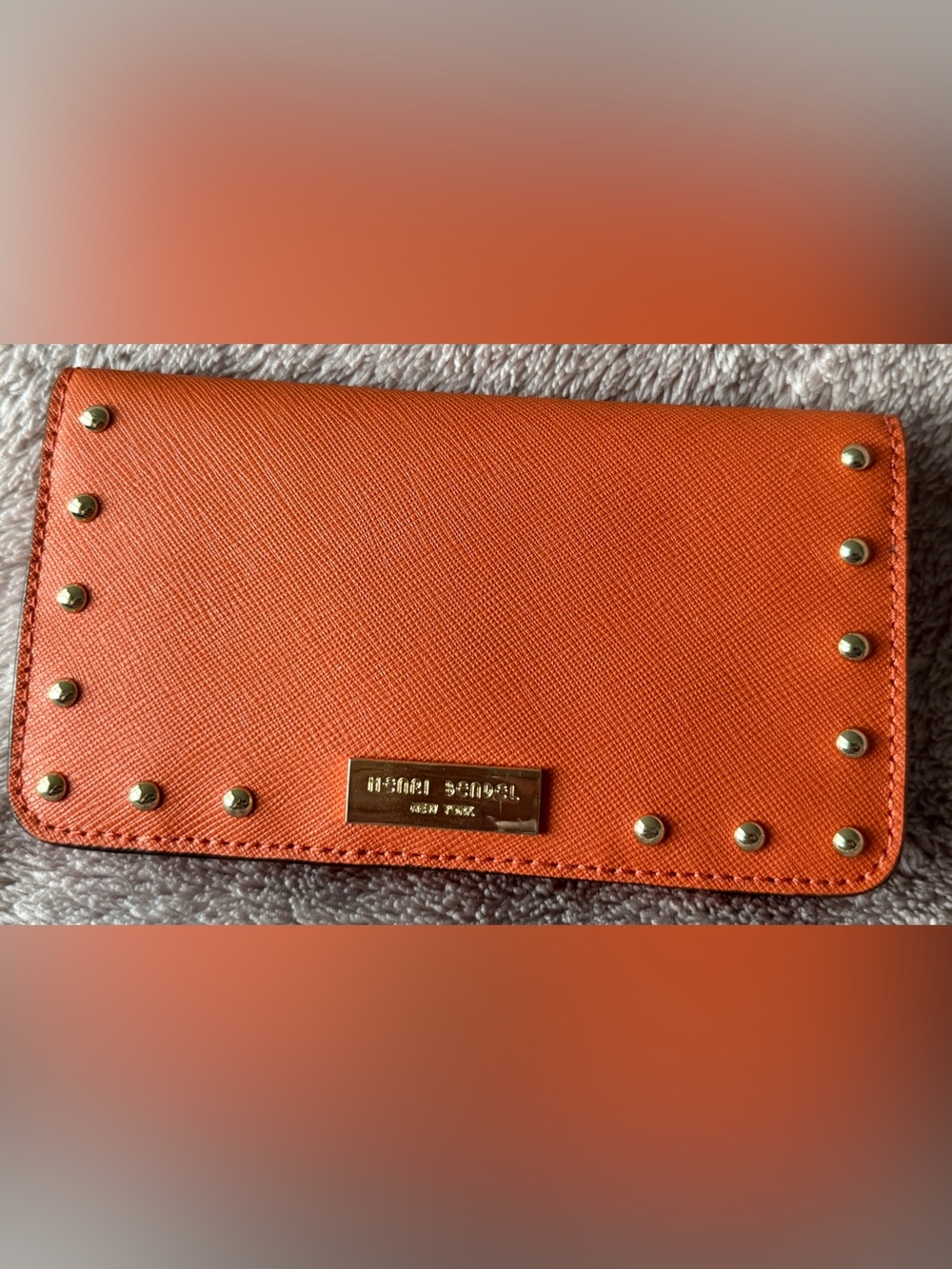 henri bendel Orange Saffiano Leather Wallet Clutch with Gold Plate EUC